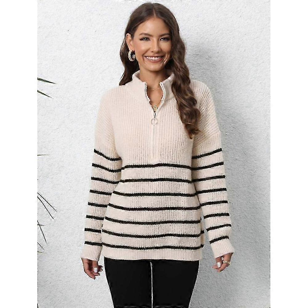 Women's Striped Patchwork Knit Sweater with Zip Neck for Autumn and Winter
