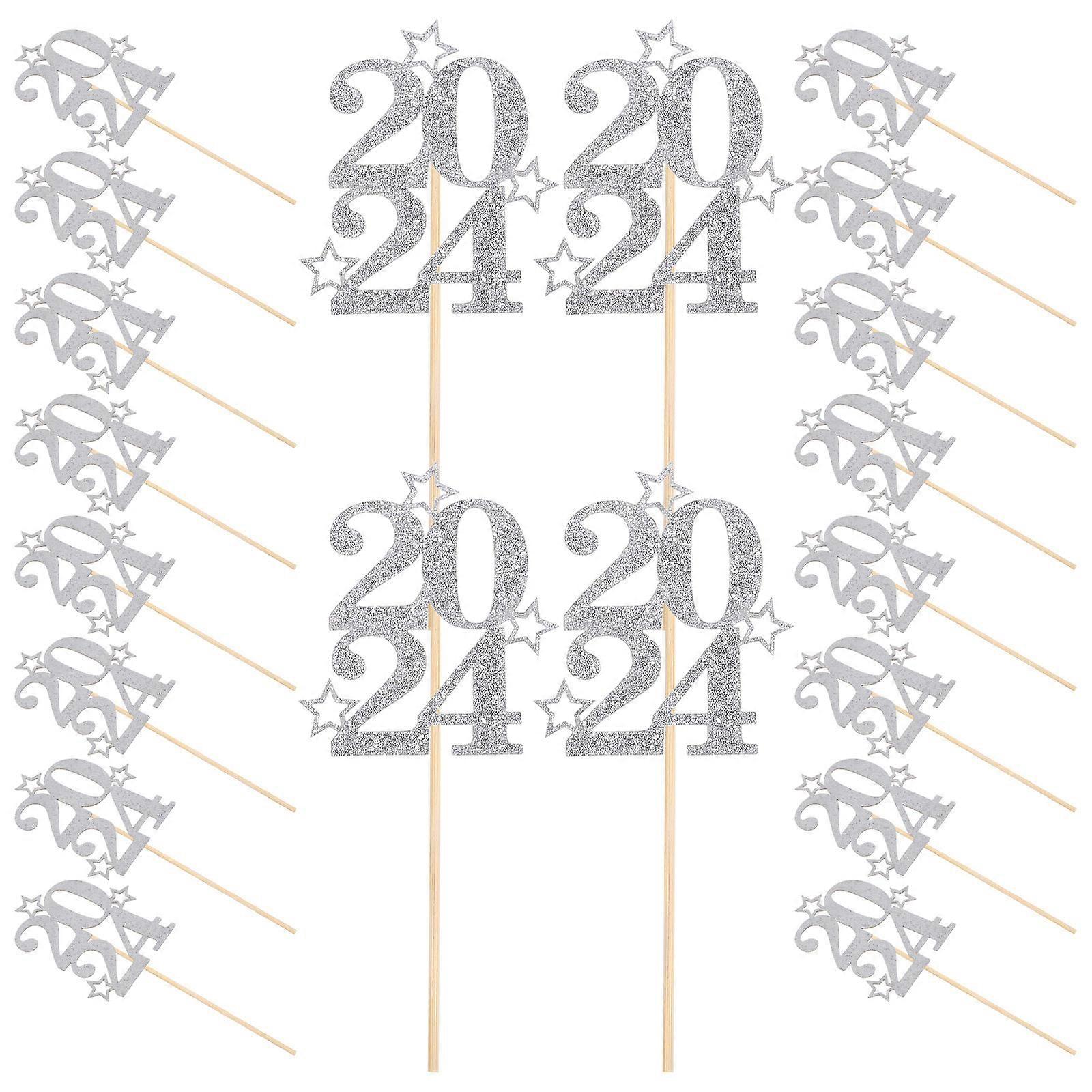 2024 Cupcake Toppers Cake Picks Silver for New Year Party 30Pcs Set