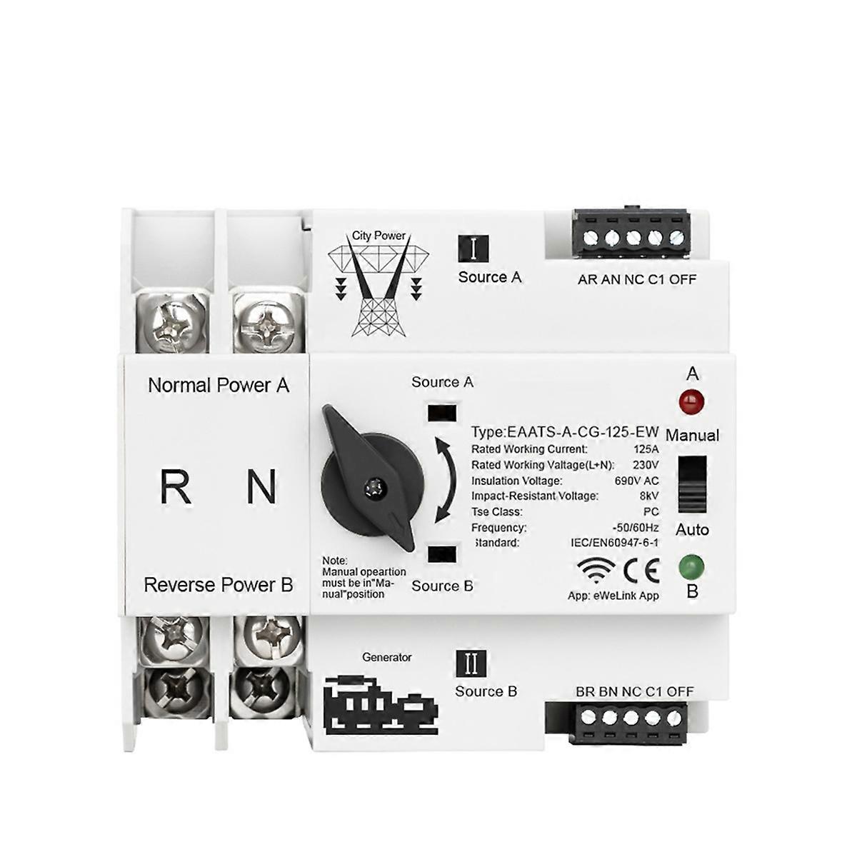 ATS WiFi Smart Dual Power Automatisk Overføring Elektrisk Velgerbryter Avbruddsfri Strømforsyning 125A 3P