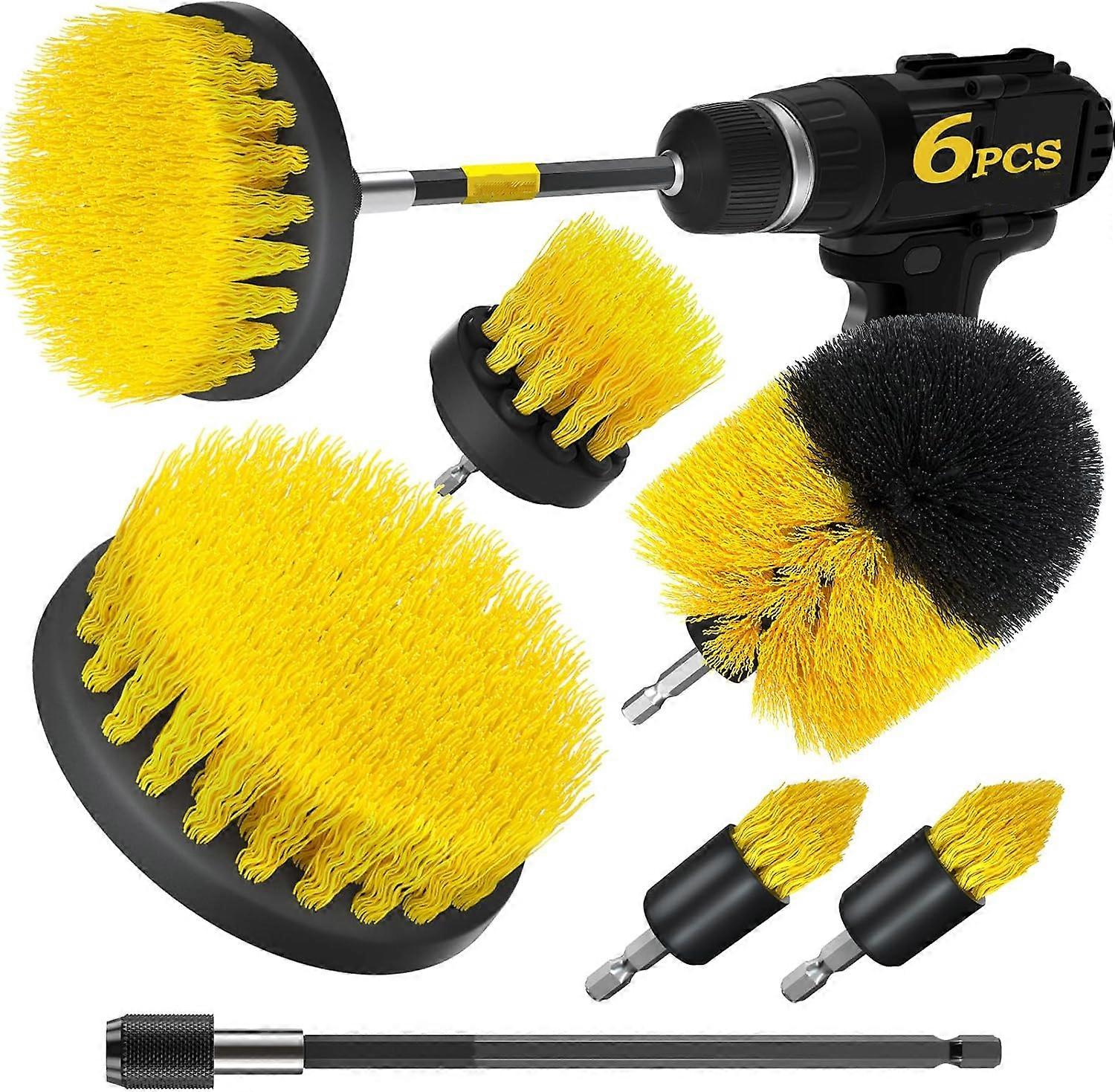 6 - Pack Drill Brush Power Scrubber Set  Extended Long Attachments All - Purpose for Grout Floors & Bath/Kitchen Surfaces (Yellow)