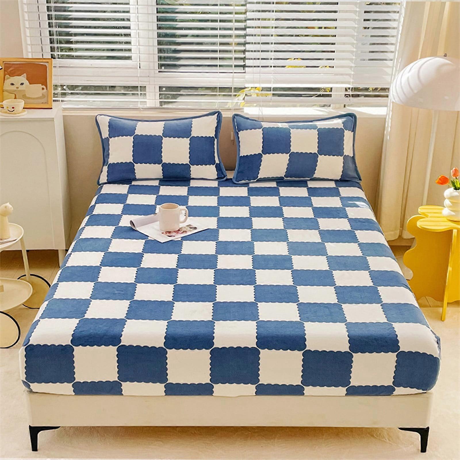 Lksixu Velvet Fitted Sheets King, Ultra Soft Flannel Plaid Plush Sheet, Deep Pocket Non-Pilling Warm Bottom Sheet for Winter