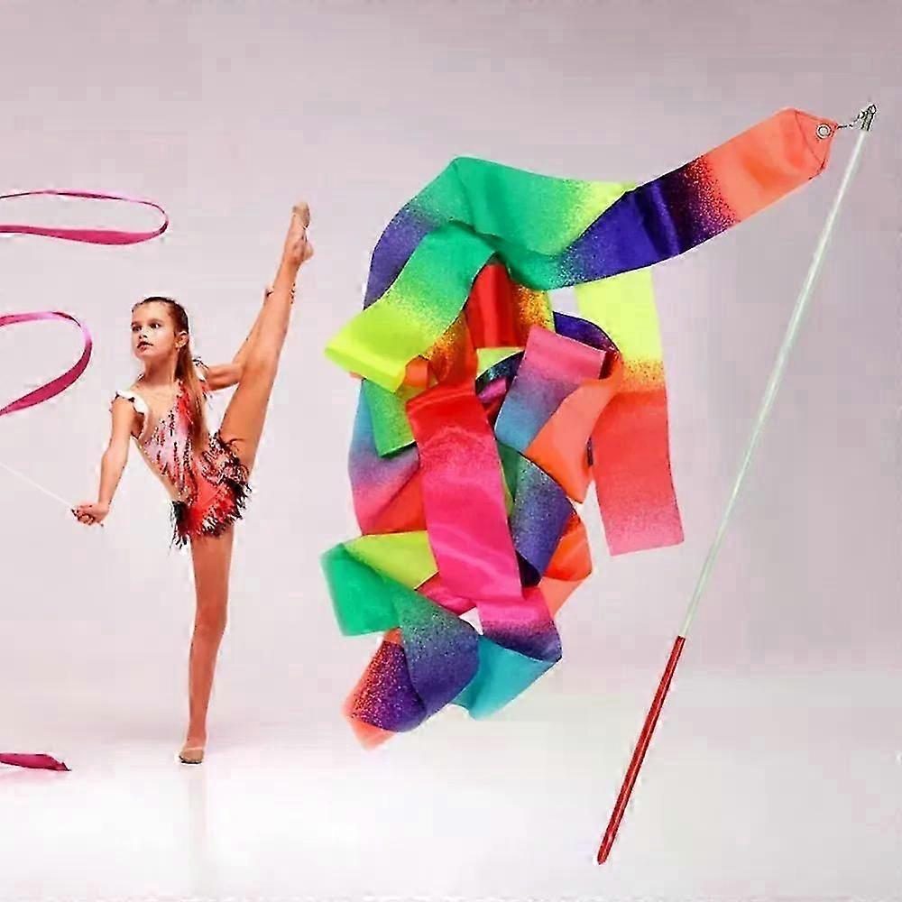 2m/4m Rhythmic Gymnastics Equipment Stick Twirling Dance Ribbons Rainbow Color Sparkling Performance Props For Art Dances