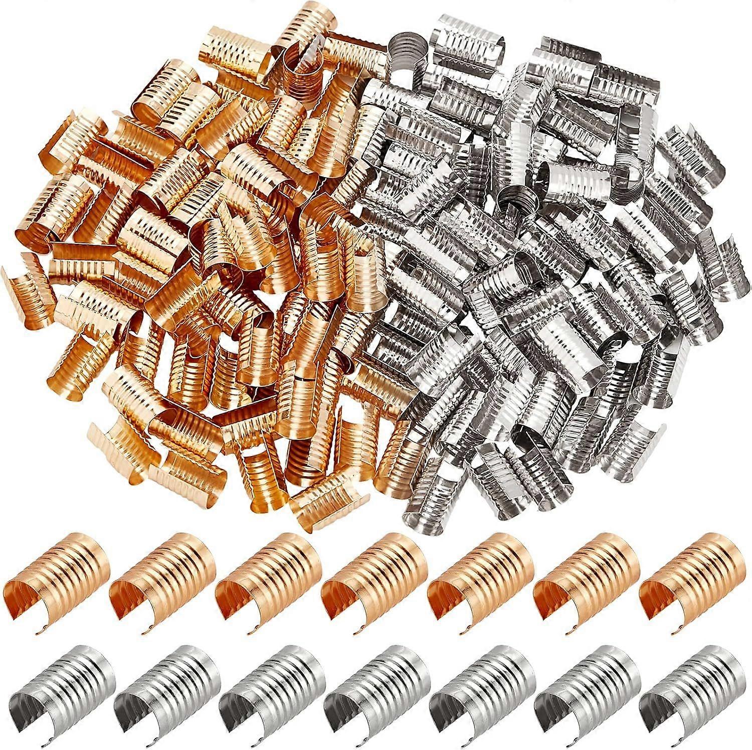1 Box 160Pcs 2 Colors Leather Rope Clips Foldable Metal Fastener Cylindrical Opening Crimps Crimping Cord String Metal Fastener Tassel Cord End Caps A