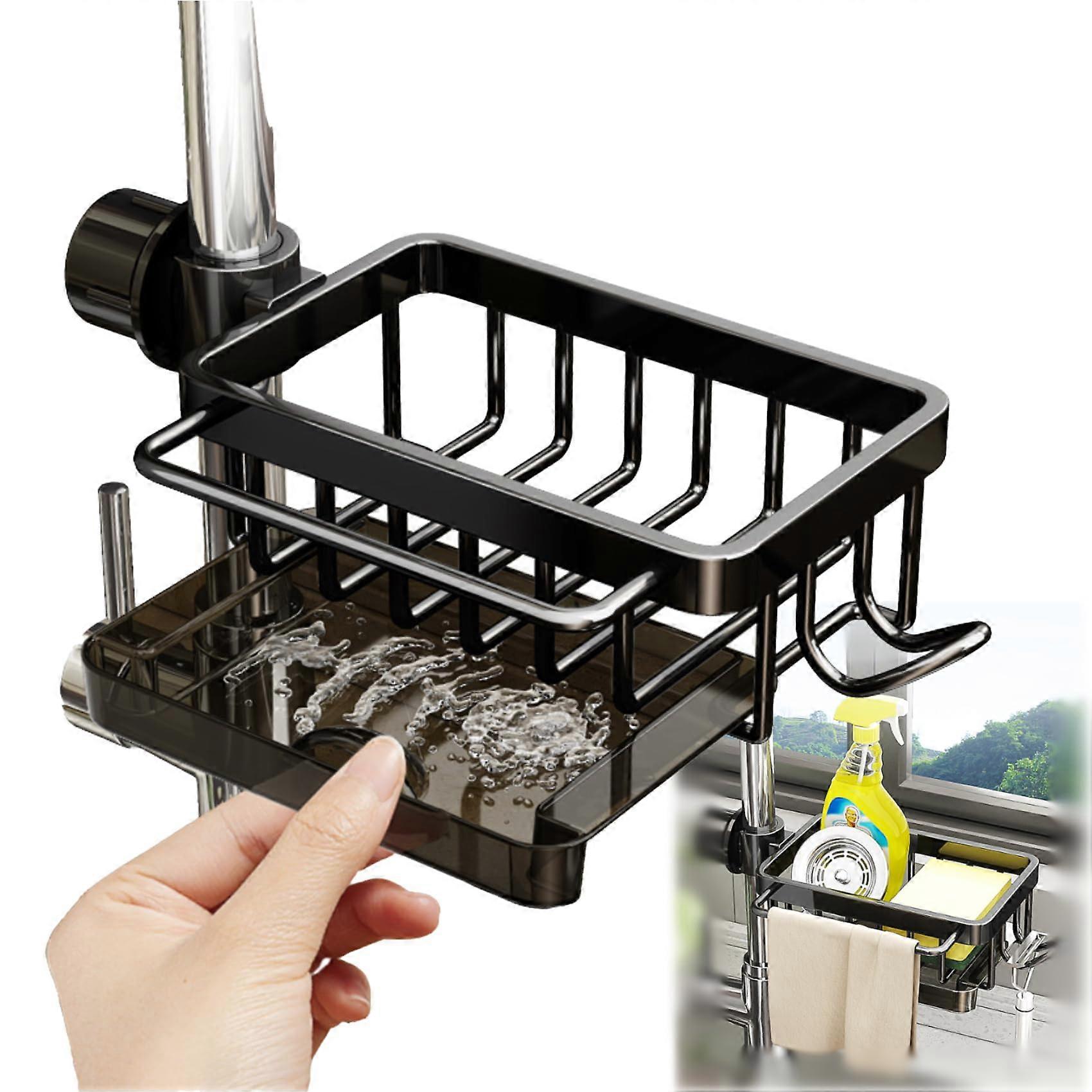 Kitchen Sink Organizer Rustproof Aluminum Detachable Hanging Caddy with Drip Tray and Hooks Black