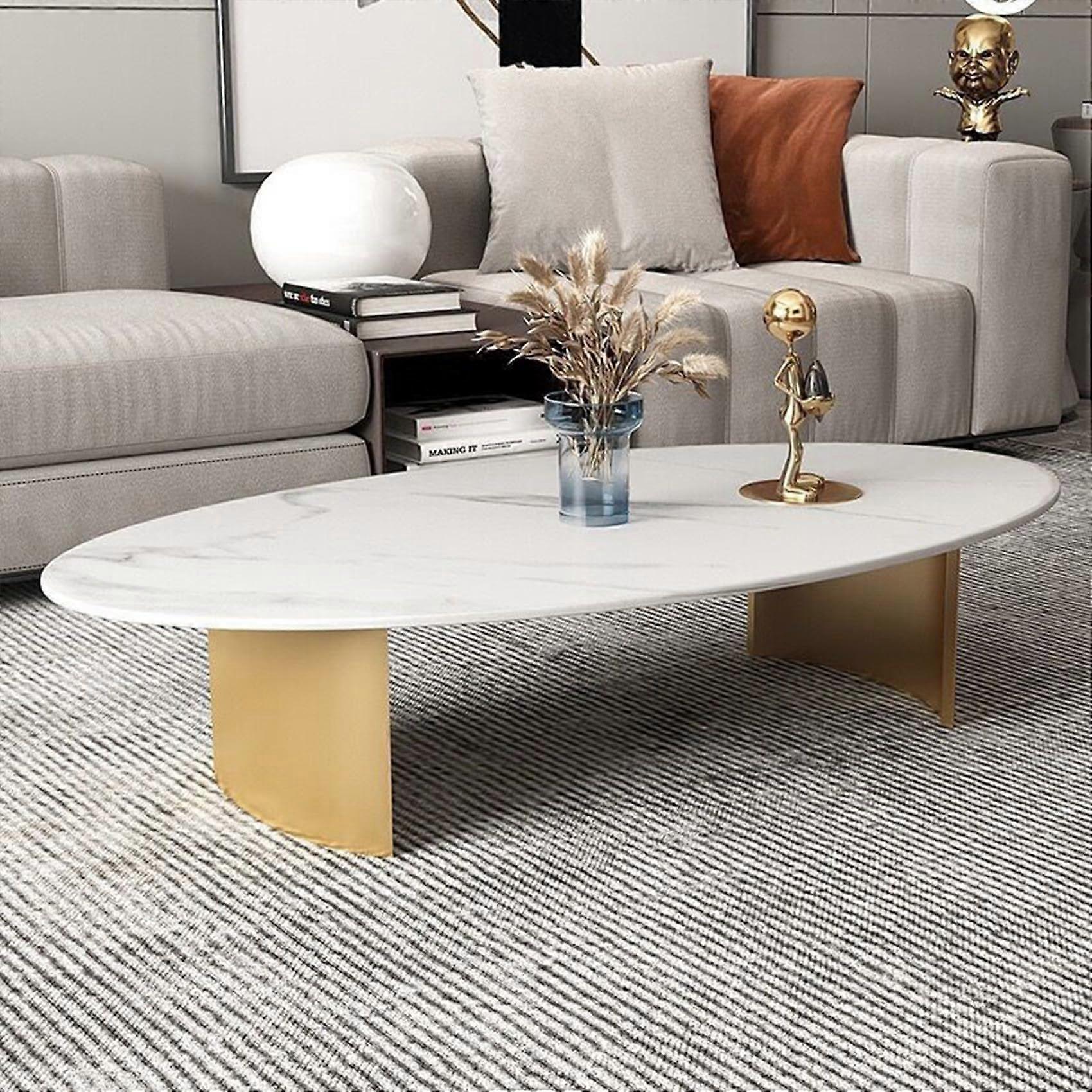 Marble Coffee Table with Elegant Oval Design and Durable Metal Base for Small Spaces 48'x24'