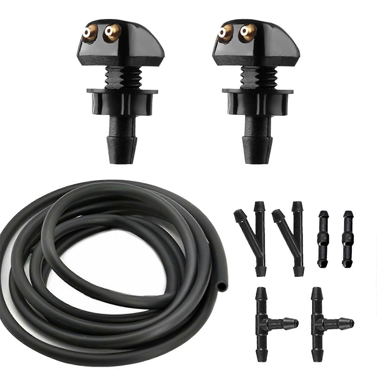 Universal Windshield Washer Nozzles Kit with Hose and Connectors, Adjustable Double Hole Spray (9PCS)