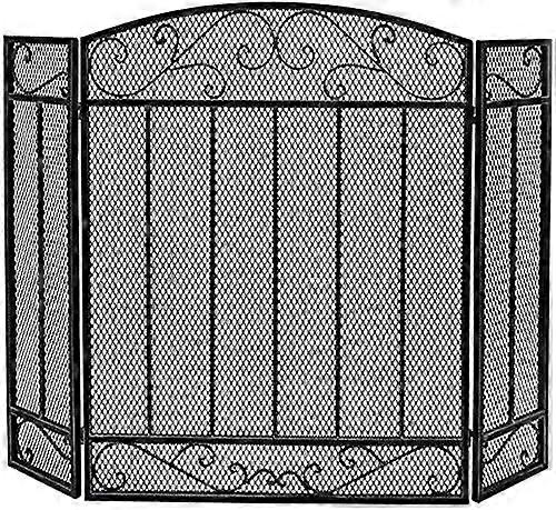 Wrought Iron 3 Panel Fireplace Screen with Ember Blocking Mesh, Foldable Safety Gate for Kids and Pets
