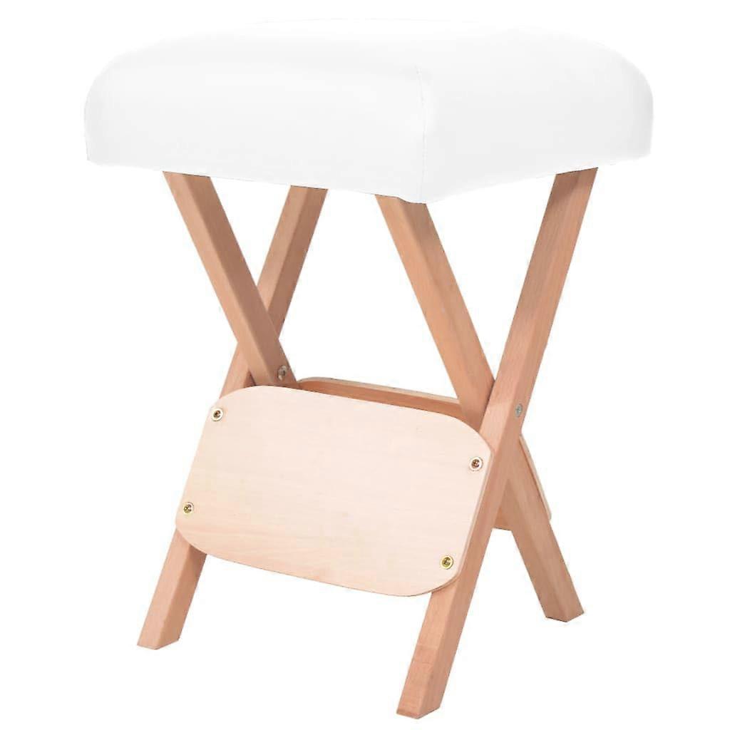 Folding Massage Stool with Beech Wood Frame, Thick Padded Seat, Elegant White Finish