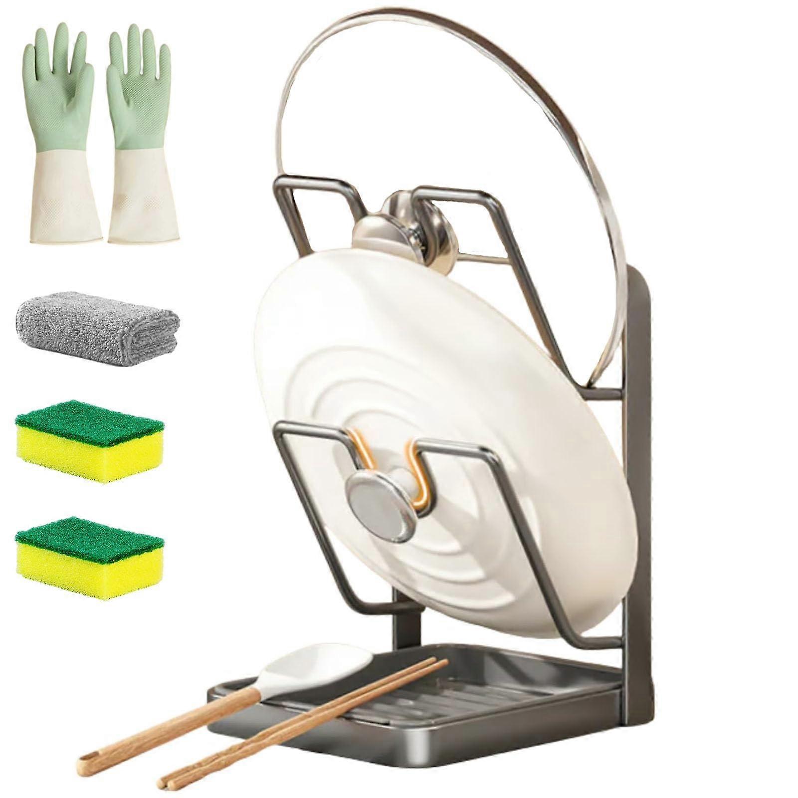 Carbon Steel Pot Lid Holder with Removable Drip Tray, Rust Resistant Kitchen Organizer Stand (Gray DoubleLayer)