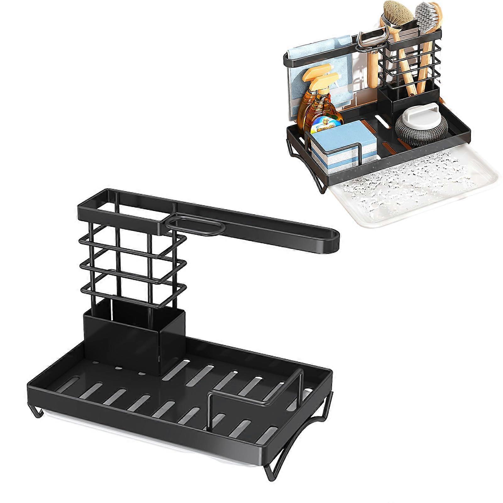 Kitchen Sink Organizer Rustproof Metal Sponge Holder with Removable Drip Tray and Brush Rack