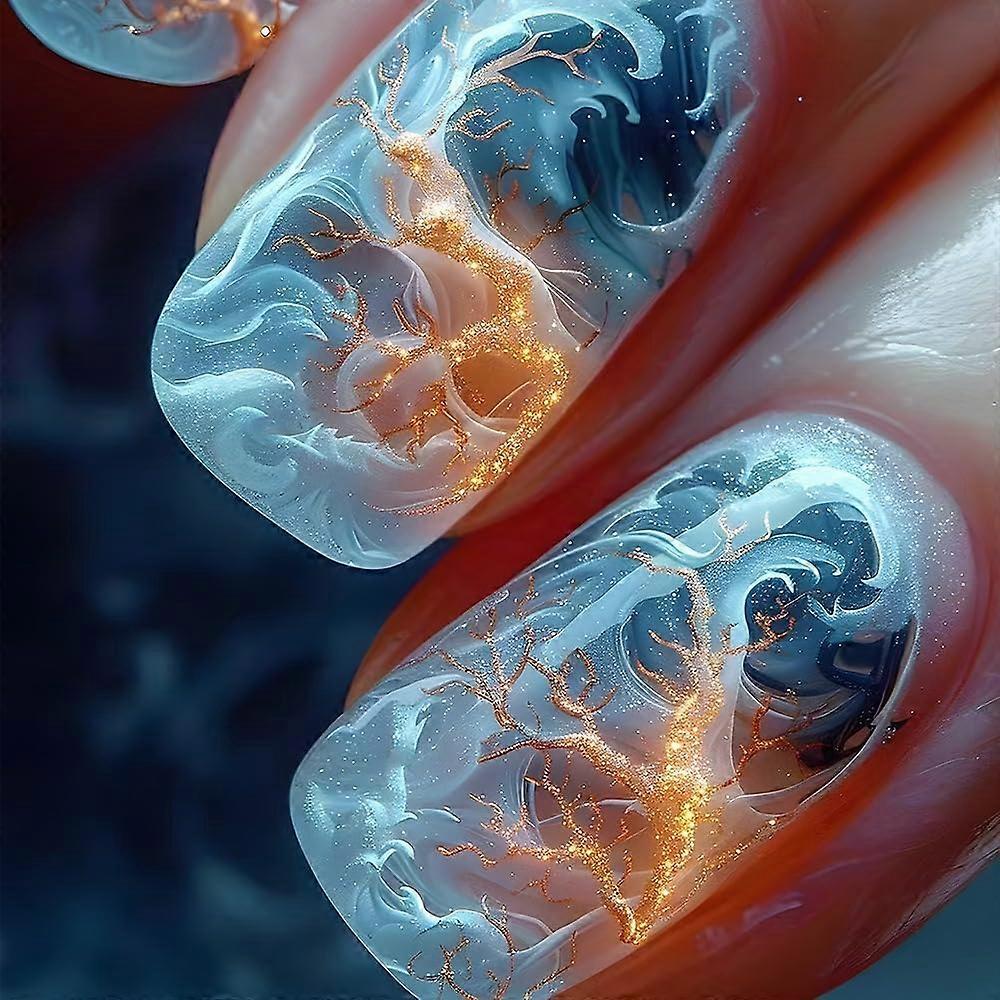 Medium Square Press On Nails Yellow Blue Gradient Fake Nails with Glue Reusable Acrylic Nail Kit