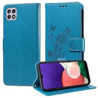 Étui à rabat bleu en cuir avec motif papillon et fleur en relief, emplacements pour cartes et compartiment pour billets, pour Samsung Galaxy A22 5G 6,6" – Résistant aux chocs et doté d'une béquille.