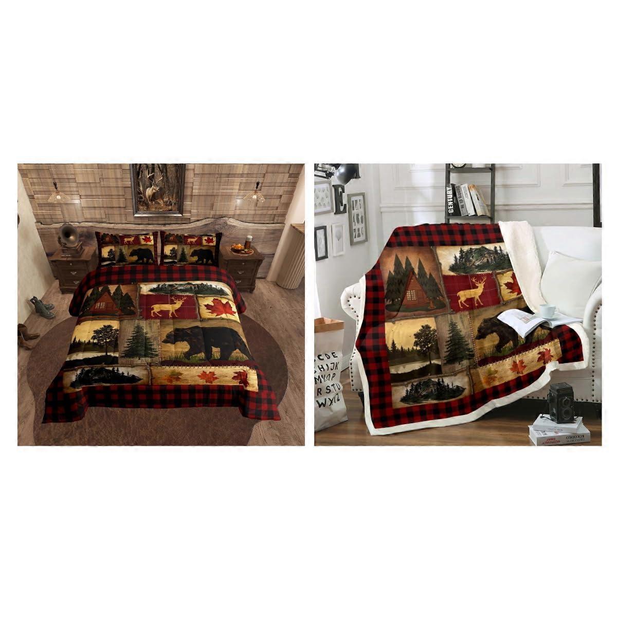 Bear Plaid Comforter Set Full Size with Queen Throw Blanket Rustic Cabin Bedding 90x90