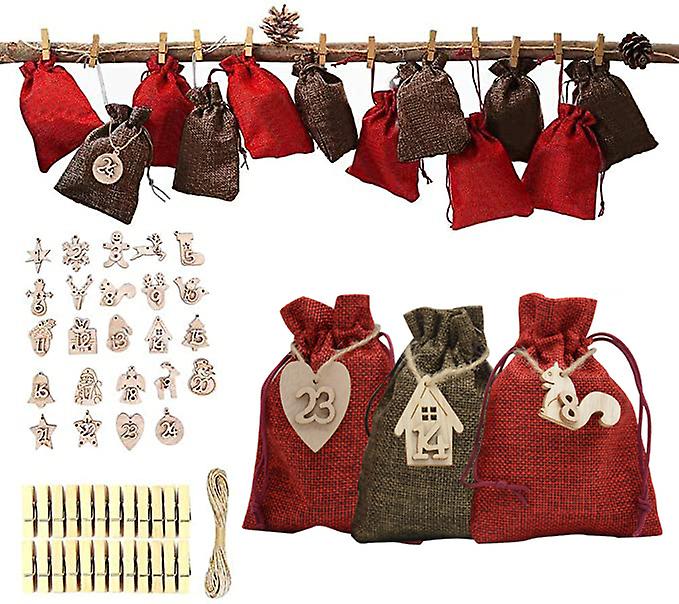 Christmas Advent Calendar, 24pcs Diy Bags For Filling, Xmas Countdown Calendar Fabric Bag, With 24pcs Wooden Tags