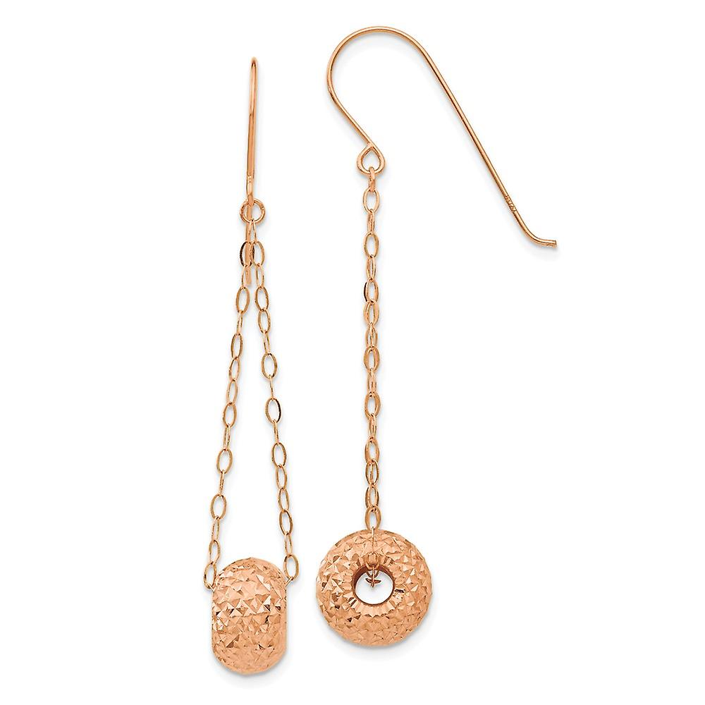 14k Rose Gold Polished Shepherd hook Chain With Sparkle Cut Puff Donut Bead Earrings 51x8mm Wide Dangle Earring for Wome