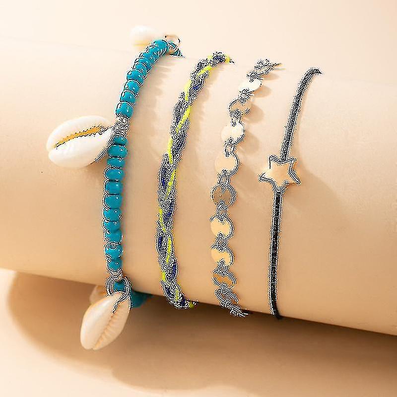 Tocona 4kpl/setit Boho Shell kullanväriset nilkot naisille COlorful Rope Star helmi Tupsu Jalkaketju Kesäkorutarvikkeet