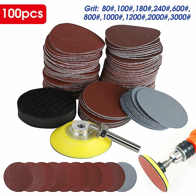 100PCS 2" Sanding Disc Sand Paper Hook Loop Sander w/ Backer Pad M6 Drill Adapter
