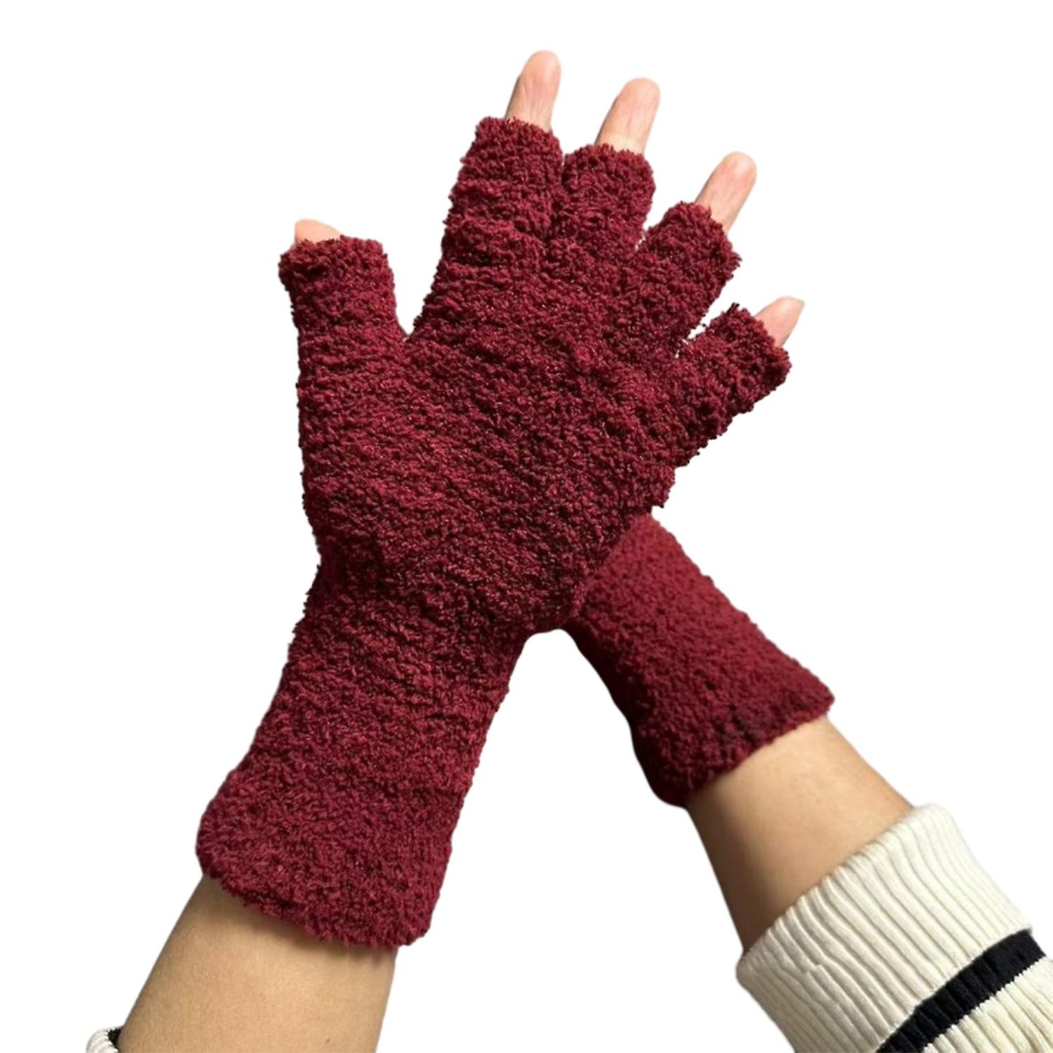 1 Pair Unisex Gloves Half-finger Thick Fleece Soft Elastic Anti-slip Warm Solid Color Cozy Windproof
