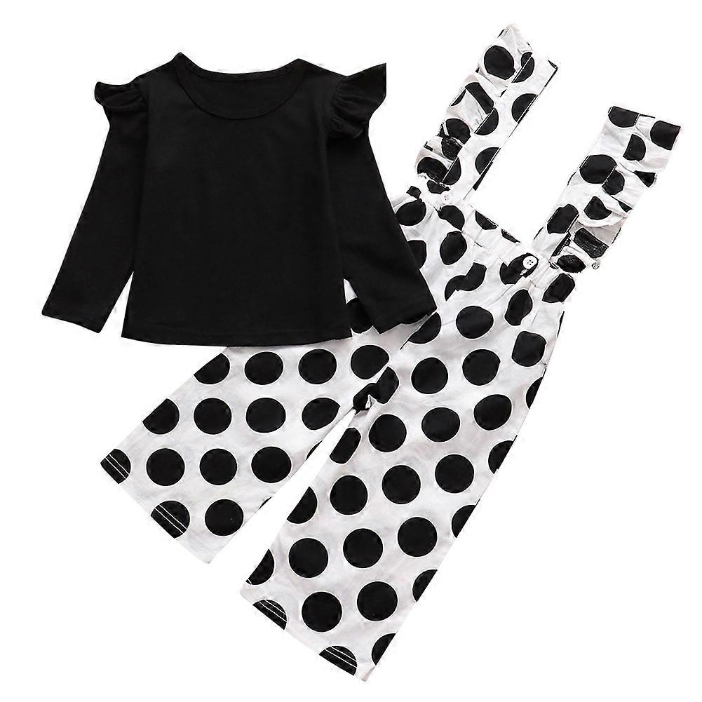 Children Girl Long Sleeve Round Collar Top with Dot Jumpsuit for Autumn Party