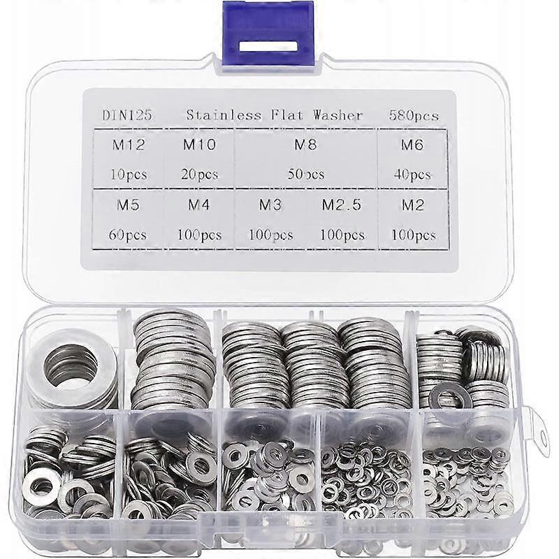 Metal flat washer set, rust-proof and durable, 9 sizes (580 pieces)