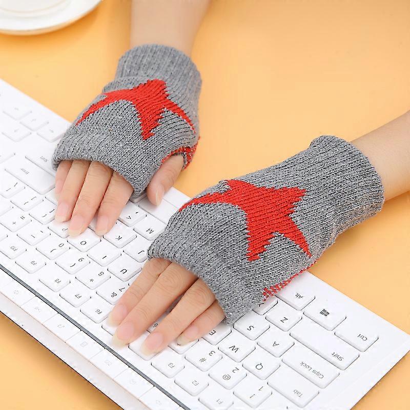 Women\'s Winter Warm Knitted Fingerless Gloves Cartoon Five-pointed Star Pattern Screen Touching