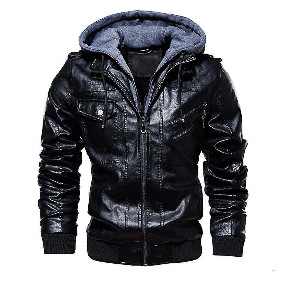 Mens PU Leather Outwear Hoodie Motorcycle Coat Biker Style for Fall Winter Warm Coat