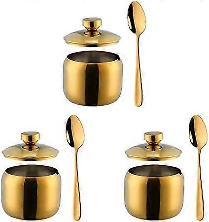 3-Piece Seasoning Box with Spoon and Lid 304 Stainless Steel Condiment Canisters Pots Seasoning Jars for Spice Salt Sugar-Gold