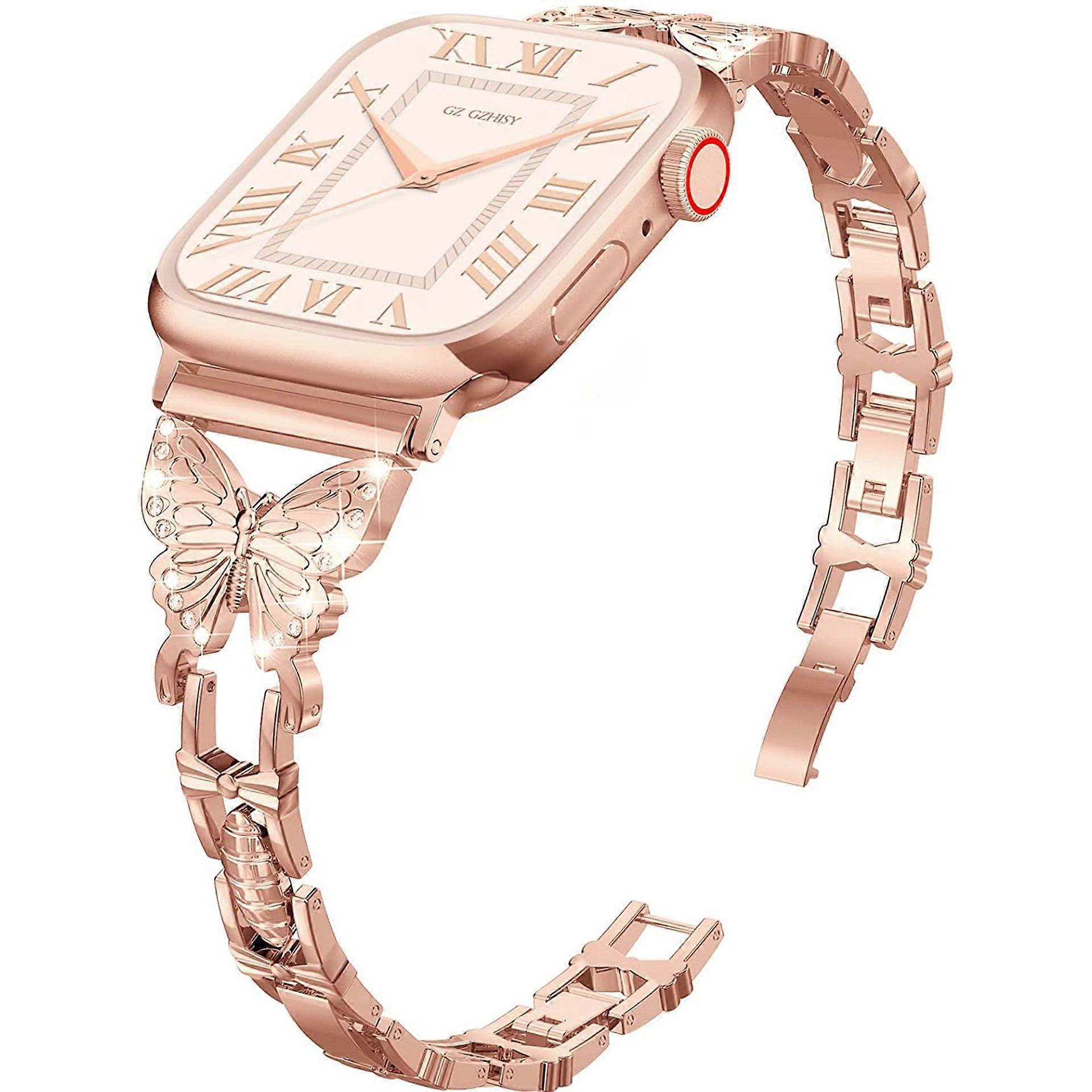 Compatible with Apple Watch Band 42mm 44mm 45mm, Lightweight for Women, Easy Adjustable Bracelet, Shiny Diamond on Butterfly, Jewelry Metal Strap for