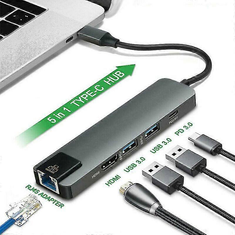 5-in-1 Usb Type C Hub Adapter Dock met 4k Hdmi Pd Rj45 Ethernet Lan Charge