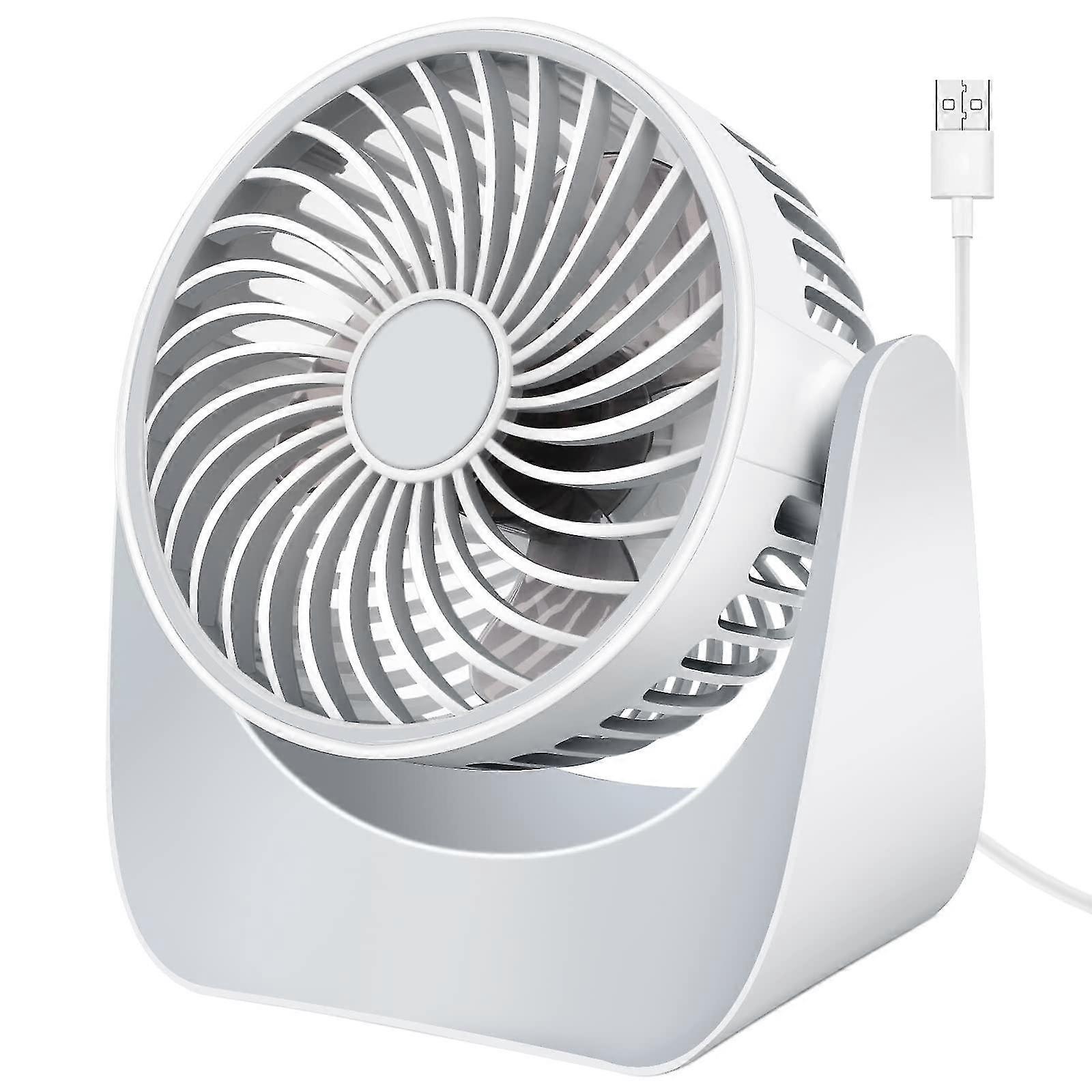 Ventola USB silenziosa, mini ventola da tavolo a 3 velocità, rotazione a 360 gradi Piccolo potente ventilatore da tavolo portatile per camera da letto auto campeggio all'aperto (bianco, senza batteria)