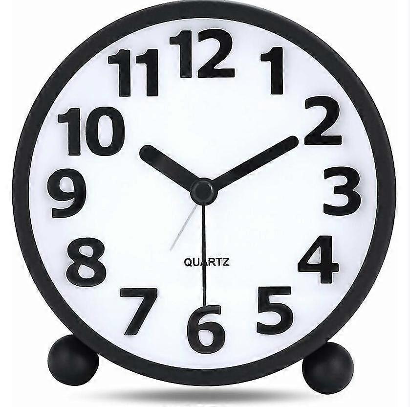 Black Silent Analog Alarm Clock, Black Metal Large 3D Numbers, Non-Ticking Table Clock with Night Li