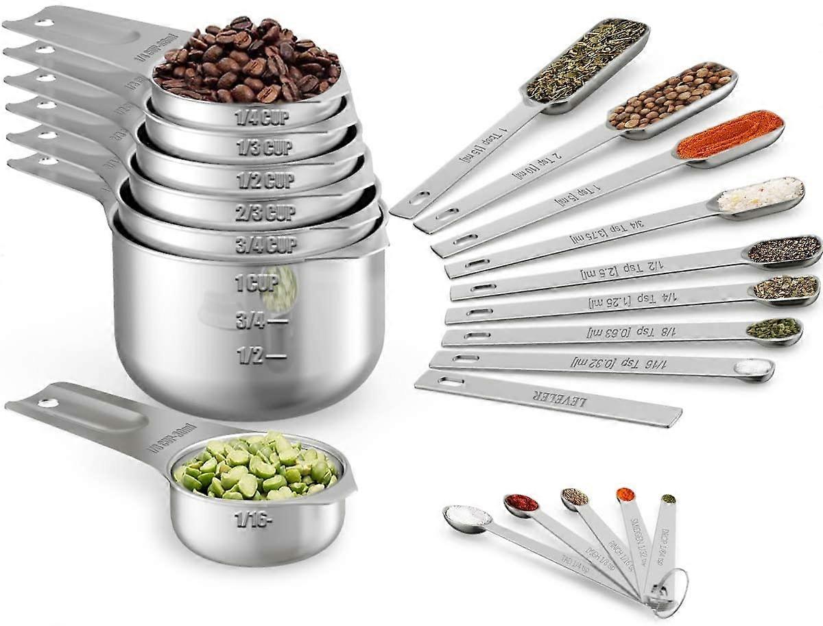 Wildone Measuring Cups & Spoons Set of 21 - Includes 7 Stainless Steel Nesting Measuring Cups, 8 Measuring Spoons, 1 Leveler & 5 Mini Measuring Spoons
