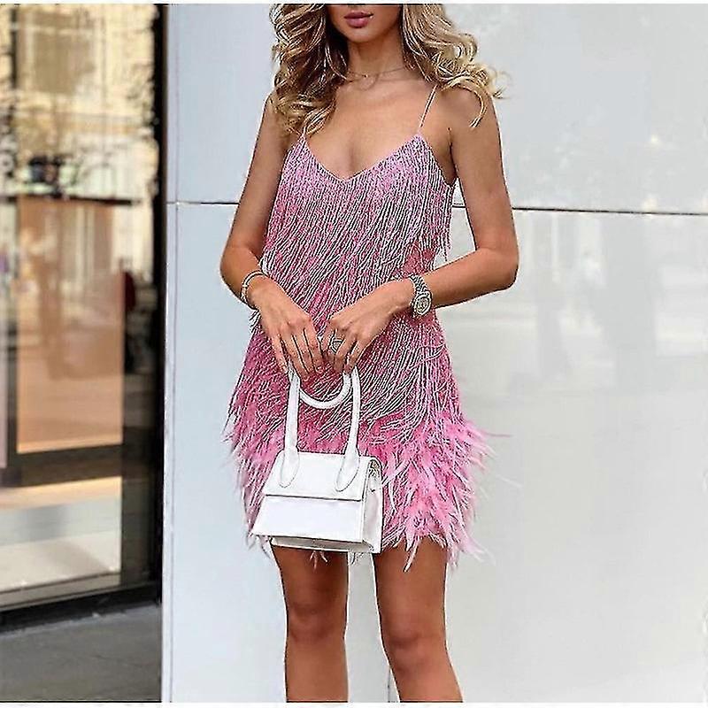 Women's Frind Sequin Stitng 2022 V-neck Off Shoulder Es Fe Backless Slip Mini Robe_h