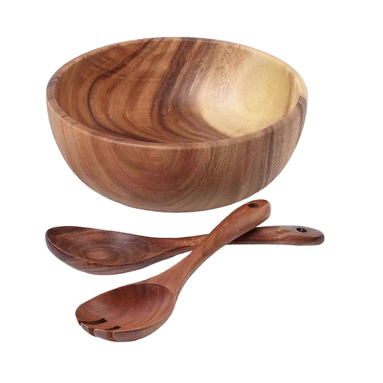 3Pcs/Set Salad Bowl Burr Free Easy to Clean Wooden Noodles Container with Spoon Fork Cutlery Daily