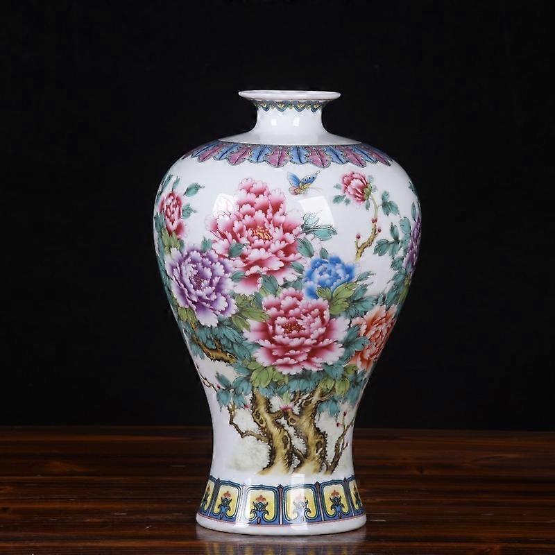 Peony Patterned Ceramic Mei Vase - Traditional Chinese Ornament