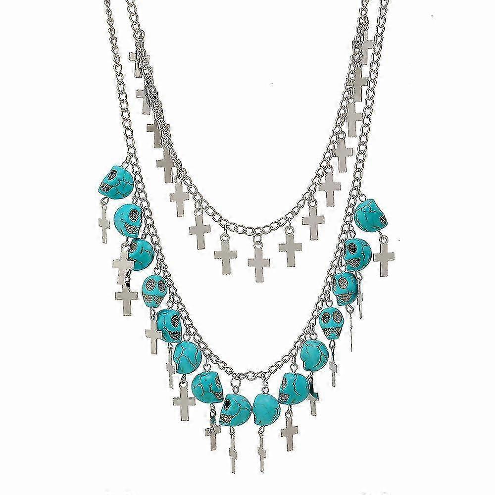 Double Layer Horror Skull Cross Necklace Gift for Halloween