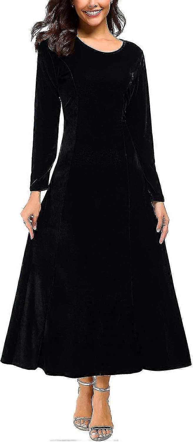 Damen Samtkleid Elegant, Rundhalsausschnitt Langarm Solid Black Kleid