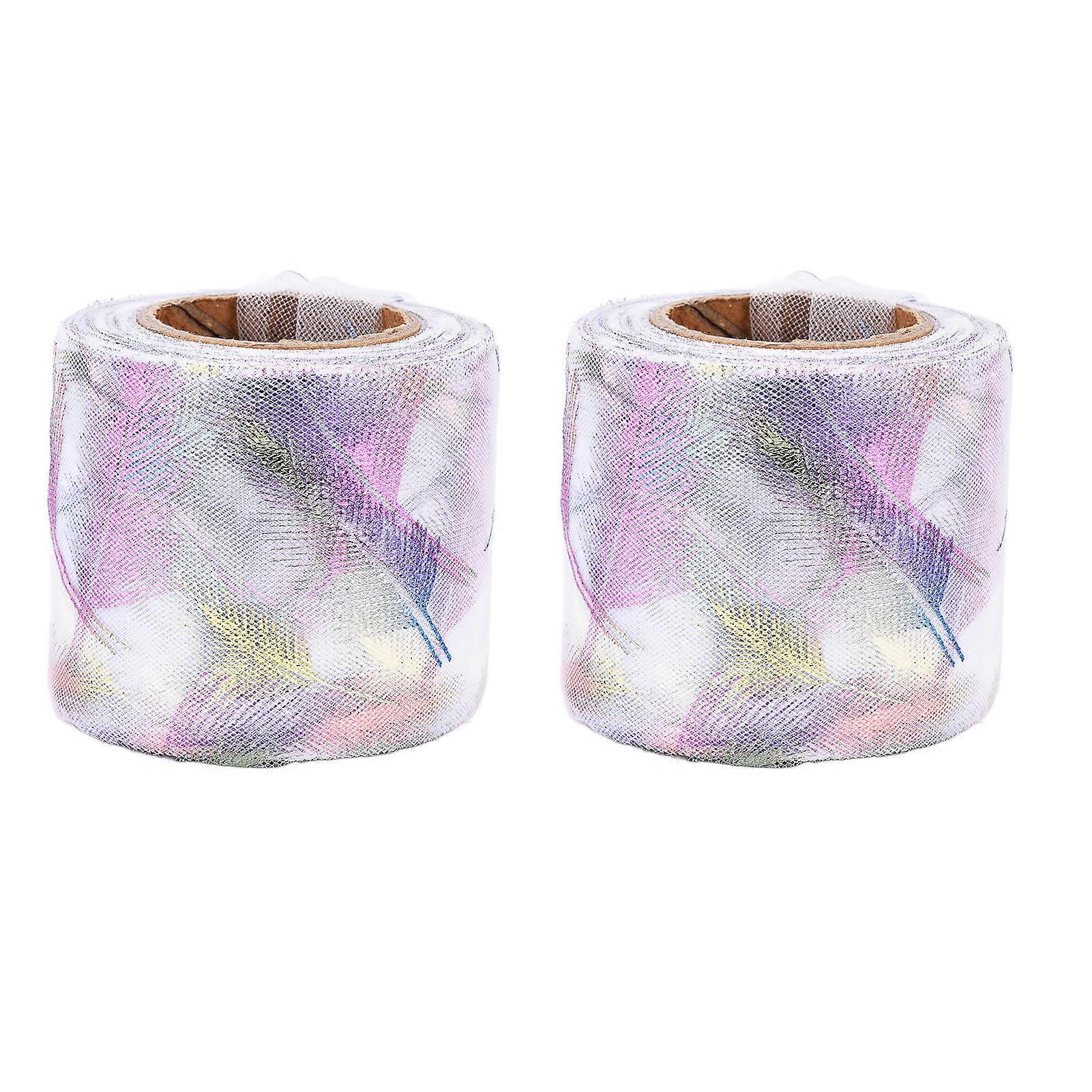 2Pcs Tulle Rolls 25 Yards Gradient Colorful Feather Pattern Bronzing Mesh Decorative CraftsWhite