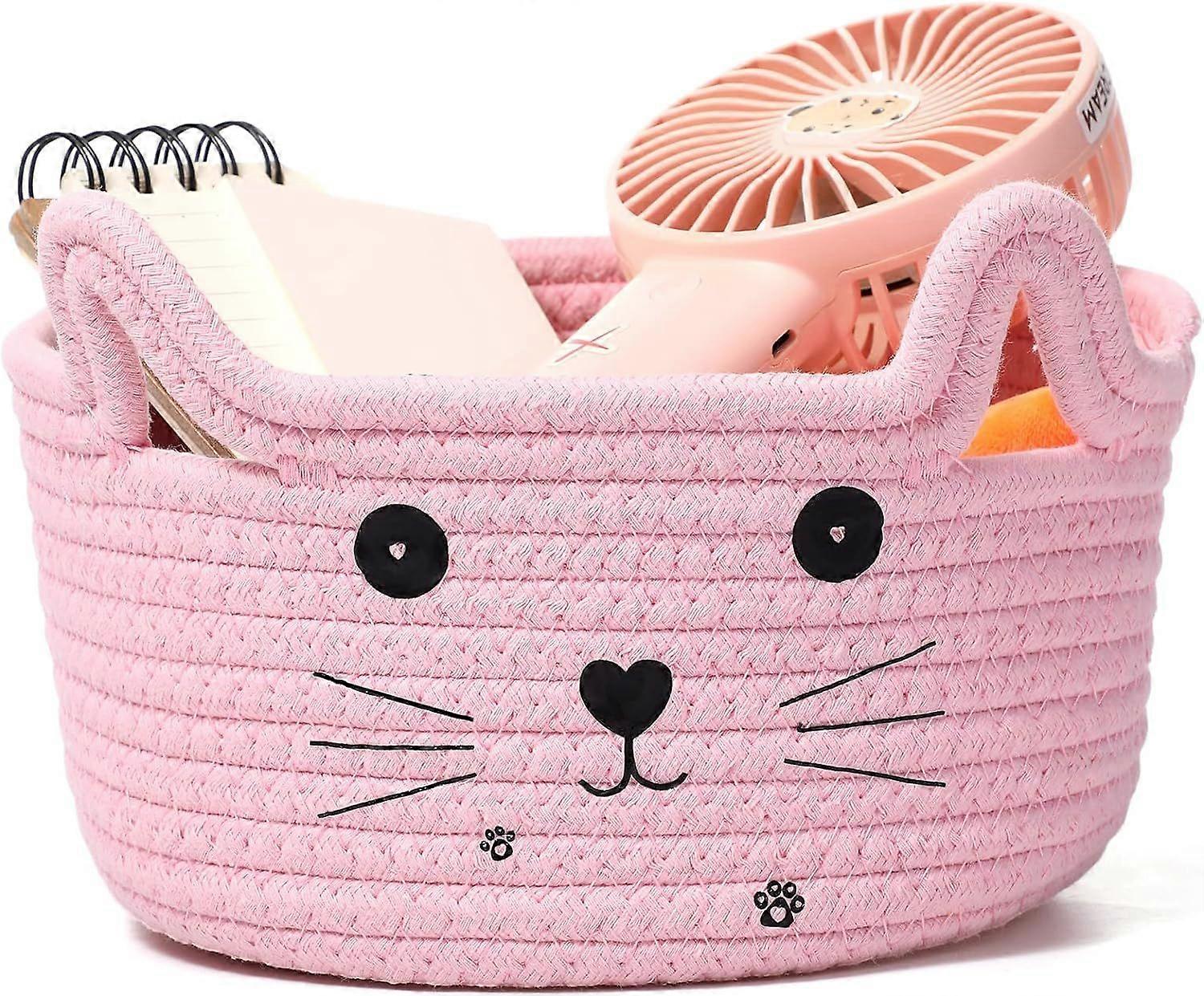 SBSG Cat Basket Storage Woven Basket Organizer with Ears Decorative Pet Toy Cute Basket Cotton Rope Basket for Gift Cat Dog Toy Bin Nursery Room Kid (