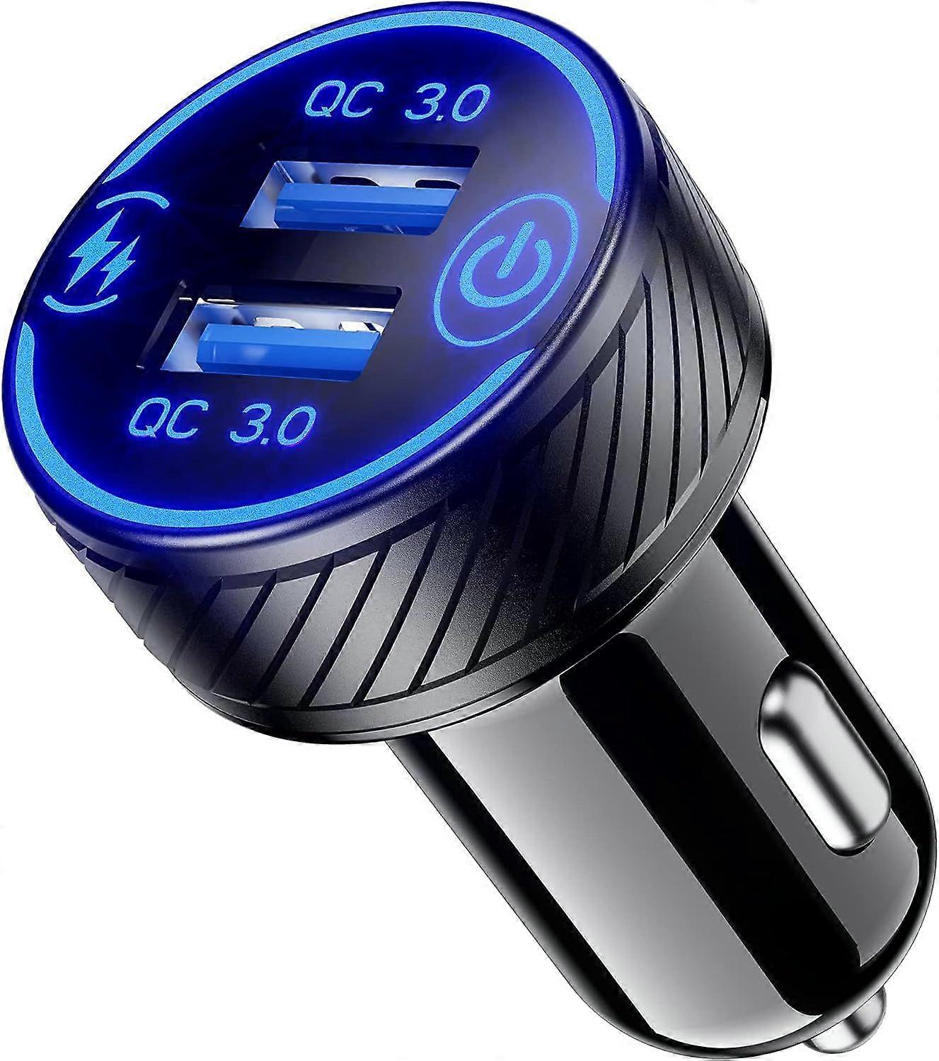 Car Charger, 36W 3A Fast Charge Car Charger Adapter, Dual QC3.0 Port USB Car Phone Charger with Touch Switch & Blue LED
