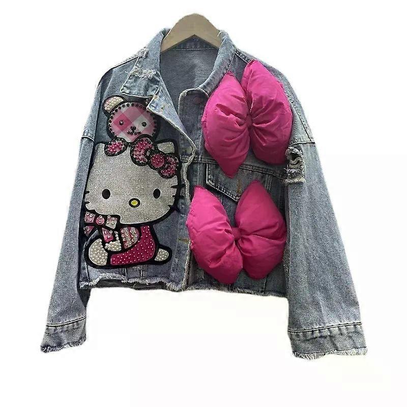 MINISO Hello Kitty Cartoon Denim Jacket للنساء ربيع الخريف Sanrio Anime 2024 معطف عصري جديد