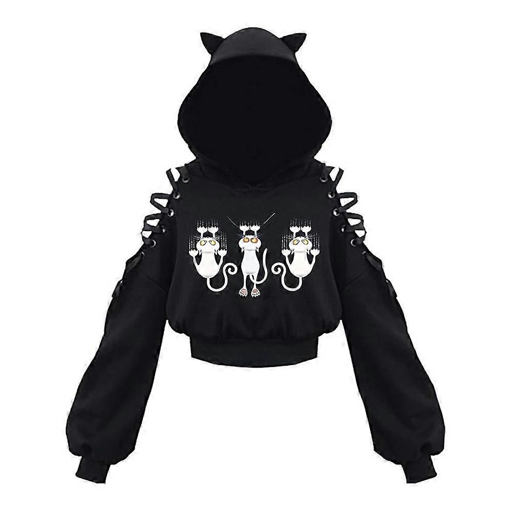 Damen Cat Ears Sweat à capuche noir Hollow Out Gothic Tops (XL)
