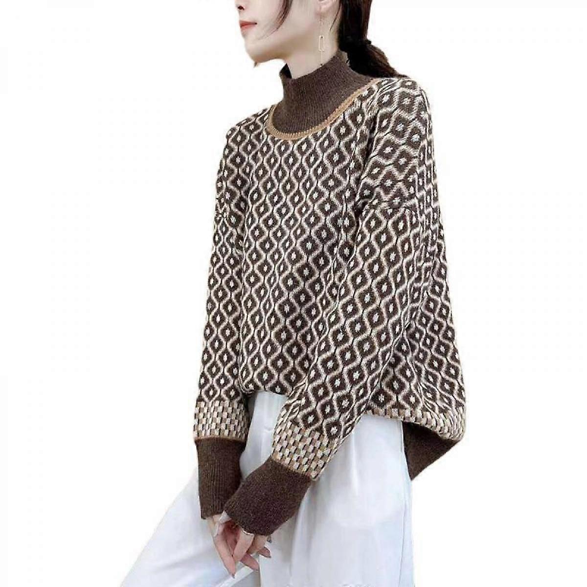 Frauen Langärmeliger Rollkragenpullover Kuscheliger Strickpullover lässiger lockerer Pullover Pullover Oberteile, Kaffeefarbe
