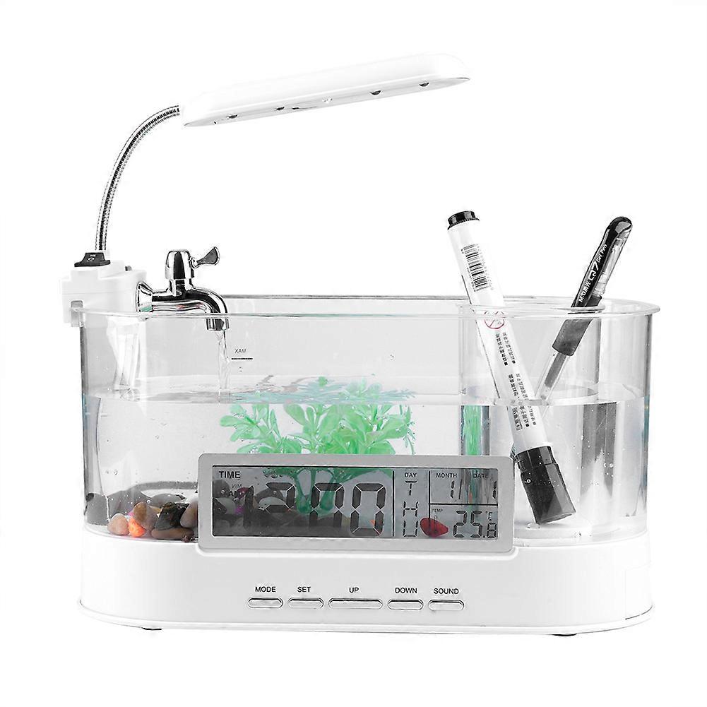 Multifunctional USB Rechargeable Mini Fish Tank Aquarium with Clock Function LED Light White