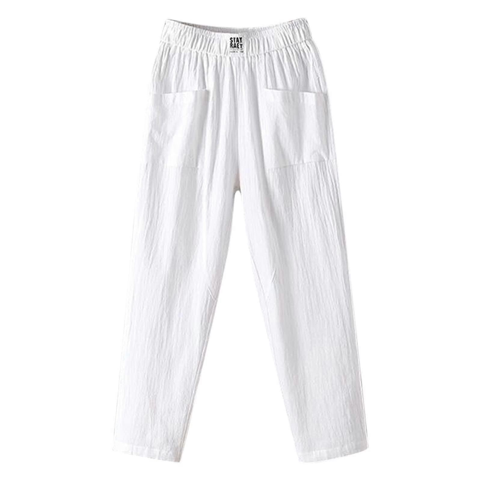 Pantalon respirant Pantalon ample en lin de coton avec poche Pantalon taille élastique Pantalon large pour femmes Blanc XL