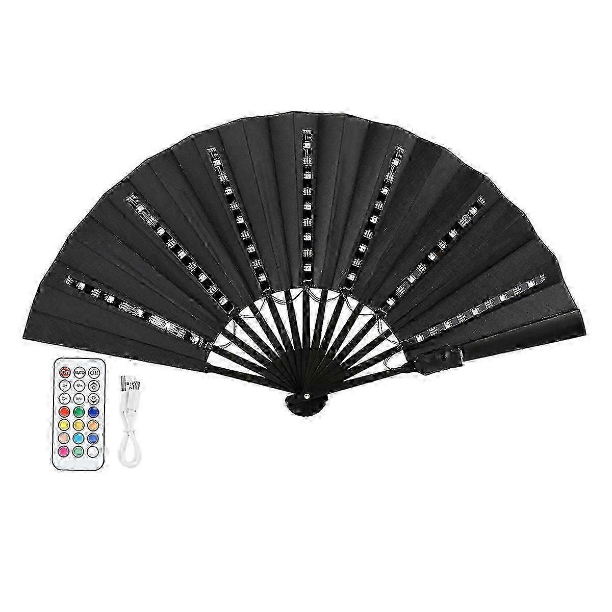 LED Glowing Colorful Chinese Hand Held Folding Fan with Remote Control Stage Performance Show Light Up Fan Black
