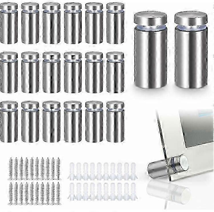 20個のガラススペーサー、広告釘用ステンレス鋼壁掛け金具、プラークおよびサインディスプレイ用(シルバー)12mmx20mm