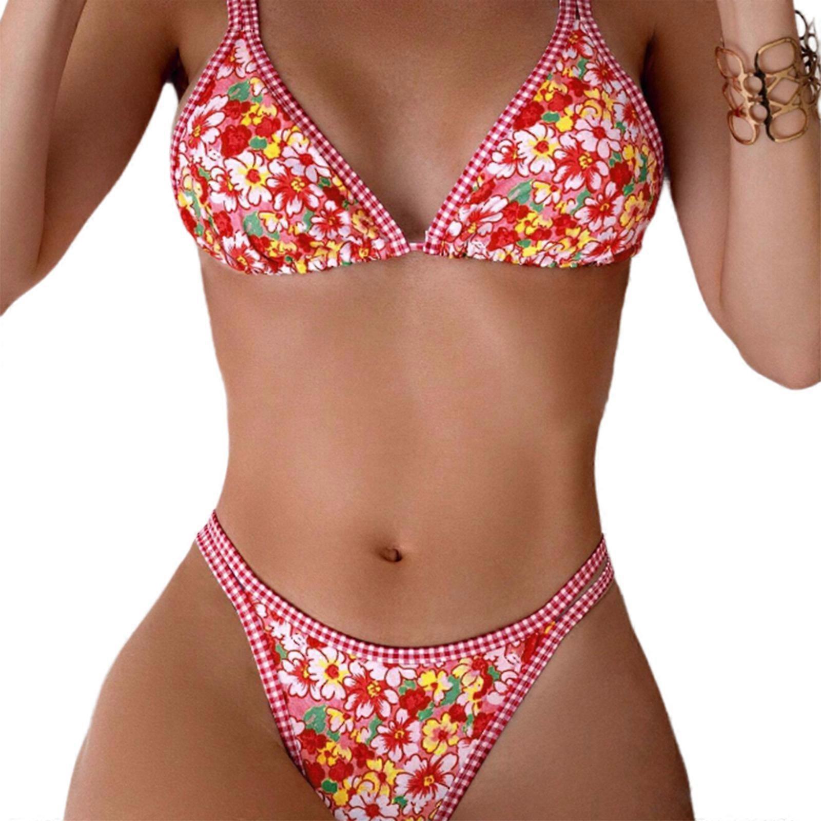 Femmes Imprimé Floral String Maillot De Bain Ensemble Deux Pièces String Maillots De Bain Sangle Ajustable Fleur Pour Piscine De Plage Rouge XL