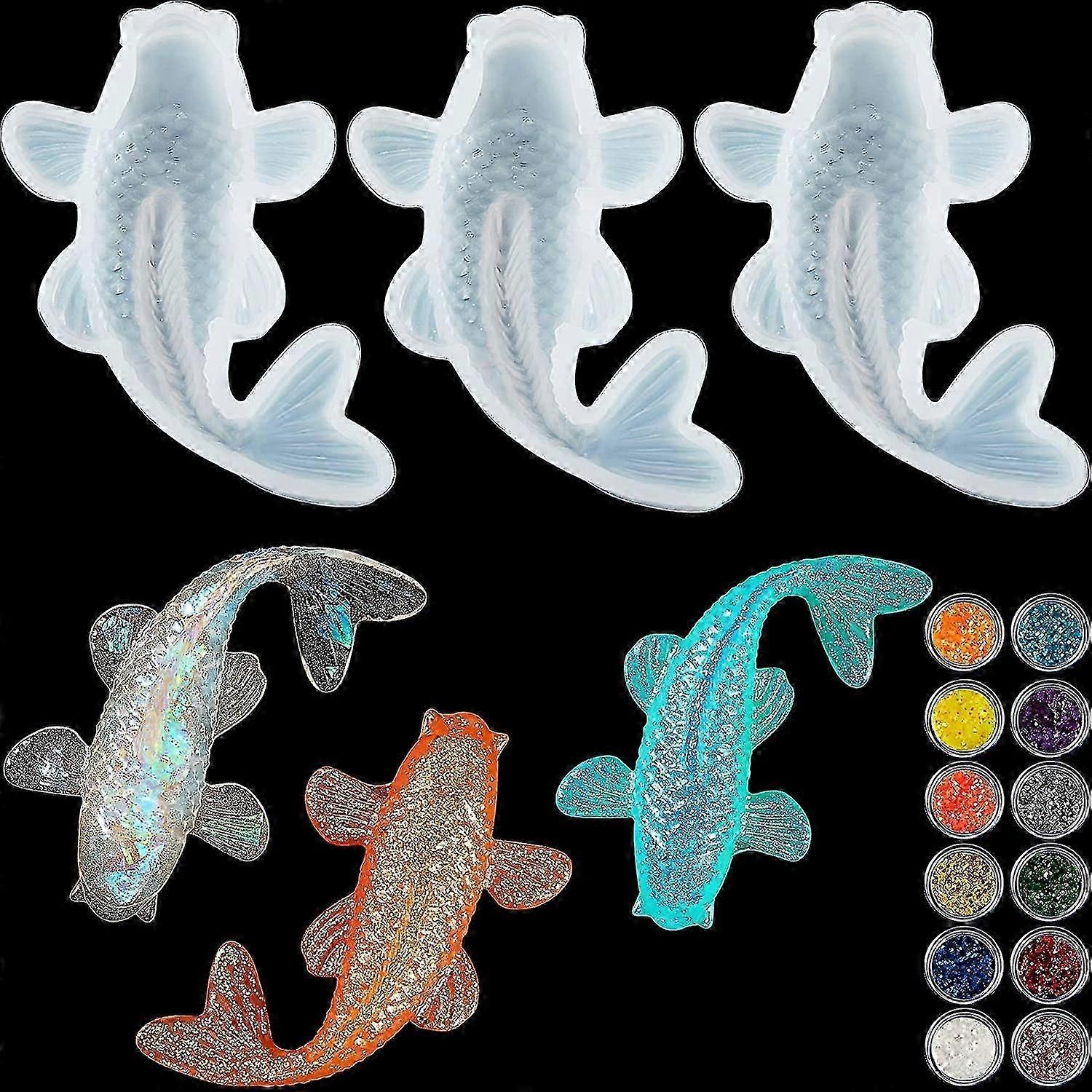 3 Pieces Koi Fish Silicone Resin Moulds Koi Goldfish Diy Pendant Silicone Resin Mold Fish Fondant Mold With Twelve Color Sequins For Diy Pendant Charm
