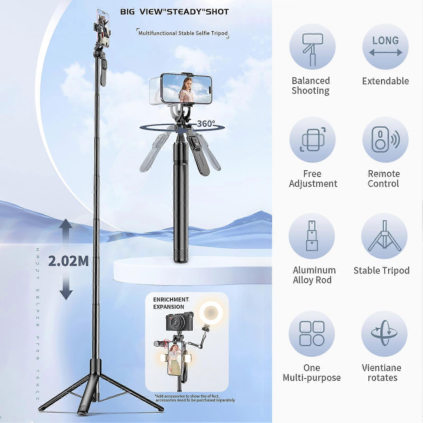 79.5-Inch Multi-function Selfie Stick Portable Gimbal Stabilizer with Aluminum Alloy Telescoping Rod 360°Rotatable Ball Head with Anti-shake Handle P